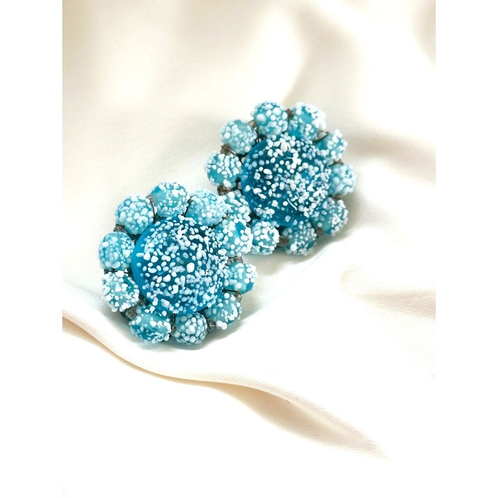 Vintage Blue Beaded cluster Clip-On Earrings Japan Textured White Detail